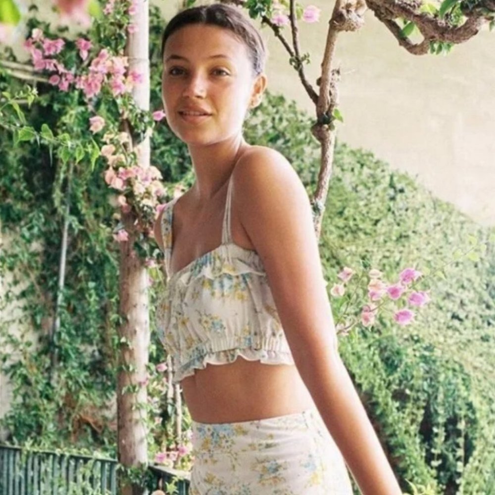 With Jean Floral Ruffle Crop Top Size XS Avena Blue White Yellow Cotton Boho - Picture 3 of 12